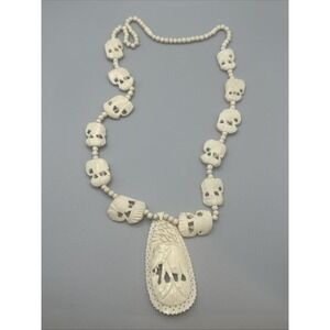 Vintage ethnic bead necklace carved elephant #862